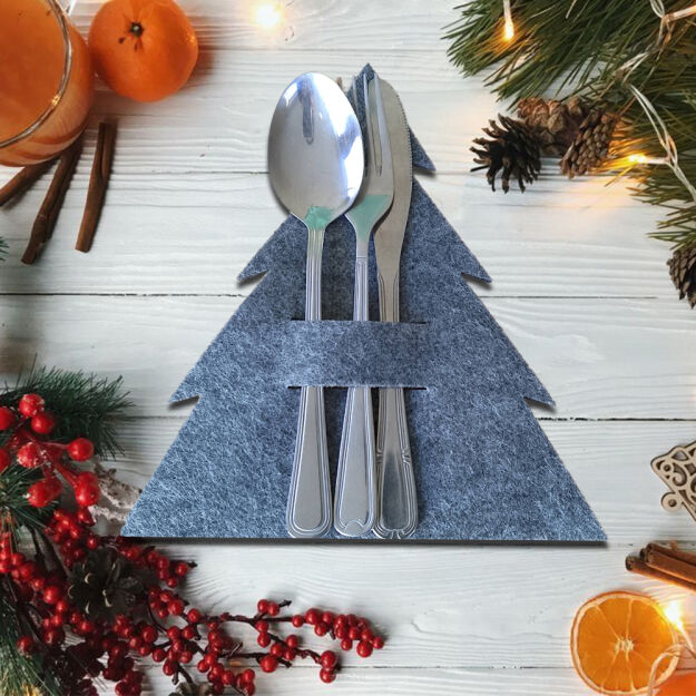 Choinka filcowa - świąteczne podkładki etui na sztućce szare 22 cm - komplet 6 szt.