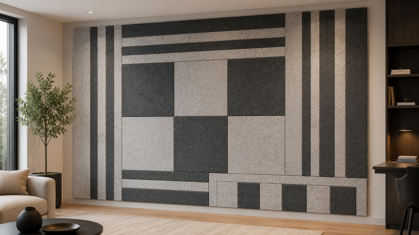 ARCO FeltWall Aranżacja Dekoracyjno Akustyczna Sciana 7.5m2 Moduły 74x74, 37x37, Taśma 6 i 37cm